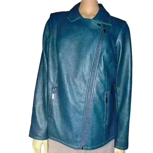 NWOT Alfani Women's Asymmetrical Zip Teal Faux Leather Jacket size 1X - Picture 3 of 13